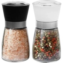 Baharat Öğütücüsü, Cam Gövdeli Kapaklı 13 cm 2 Adet, Siyah Beyaz Tuz Karabiber Değirmeni