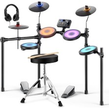 DED-70L LED Işıklı Elektronik Davul Seti, Sessiz Mesh Davul Pedleri ve 9" Zil, 150 Ses, 15 Davul Kiti, USB Mıdı, Tip-C Şarj, 2 Pedal, Taht, Kulaklık, Çubuklar, Melodik Dersleri