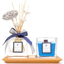 Masif Ahşap Tepsili Vıp Yasemin Sandal Oda Kokusu ve Mum Seti