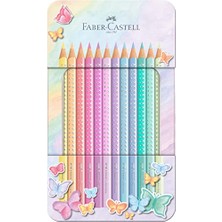 Faber-Castell Parlak Pastel Renkler Kuru Boya Kalemi, 12’li, Ergonomik Üçgen Gövde, Özel Kelebek Tasarımlı Metal Kutu, Canlı ve Inci Parlaklığında Renkler