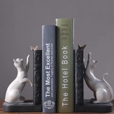Dekoratif Kedi Figürlü Kelebek Detaylı Ikili Kitap Tutucu Kitap Desteği Dekoratif Obje Beyaz