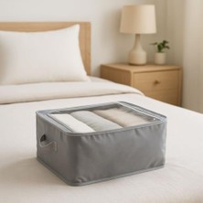 Deconox Çok Amaçlı Düzenleyici Kutu Dik Duruş Sağlayan Telli Iç Yapı ve Şeffaf Pencereli Kıyafet, Oyuncak, Çamaşır Saklama Organizeri Katlanabilir Kumaş Kutu (45X30X20 cm Gri ve Kahve Renk) (Kahve)