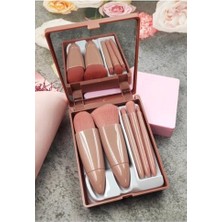C005 Taşınabilir 5 Parçalı Aynalı Profesyonel Makyaj Fırça Seti - Taşınabilir Mini 10.5cm Bakır Renk