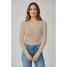 CHEISU Kadın Bej Uzun Kollu Kare Yaka T-Shirt Bluz Kaşkorse Fitilli