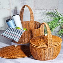 Wicker 2'li Kulplu Kapaklı Hasır Piknik Sepeti Seti