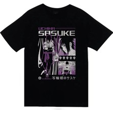 stonedfame Naruto - Sasuke Uchiha - Anime Baskılı Unisex %100 Pamuk Siyah T-Shirt