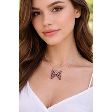 Klc Takı Rodyum Kaplama Kırmızı Siyah Taşlı Kelebek Kolye