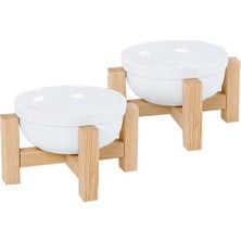 Gobypet Always The Best Mama Kabı, Ahşap Kedi Mama Kabı, (Iki Adet), Kedi Mama Su Kabı, Ahşap Standlı Kedi Köpek Mama ve Su Kabı, Seramik Mama Kabı (Beyaz Seramik)