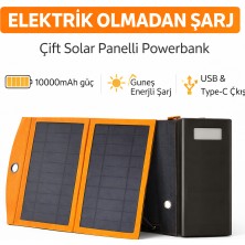 Airstorr Solar 10000MAH Çift Güneş Paneli Katlanabilir LED Fenerli Type-C USB Çıkış Outdoor Kamp Powerbank