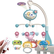 Oyuncak Pilli Işıklı Müzikli Projektörlü Kumandalı Sabitlemeli Dönence Çıngıraklı Dişlikli Bebek Yatıştırıcı Zaman Ayarlı (Mavi)