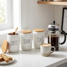 Amberhaus 3'lü Bambu Kapaklı Seramik Kavanoz Seti - Vakumlu Çay Şeker Kahve Saklama Kabı - Coffee Sugar Tea Yazılı Beyaz Baharatlık (700 Ml)