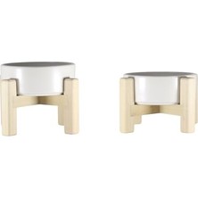 Ahşap Standlı Çift Taraflı Seramik Mama ve Su Kabı | Evcil Hayvanlar Için Sağlıklı Beslenme ve Su Kabı Kedi ve Köpekler (Beyaz)