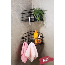 2’li Kancalı Yapışkanlı Banyo Duş Köşe Rafı – Ayarlanabilir Kristal Raf (Yapıştır/vidala) Siyah-Siyah - Lk-01 - Ss