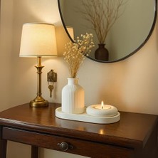 Beyaz Seramik Vazo, Tealight Mumluk ve Dekoratif Tepsi Seti - Beyaz Minimal Tasarım