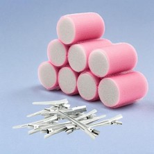 Croc 1207 Pembe Cırtlı Sünger Bigudi 8li Çap 4cm + 12LI Alüminyum Saç Pensi