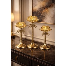 Mis Kitchen Gold Palmiye Gövdeli Lotus Cam Mumluk 3’lü Şamdan Seti Dekoratif