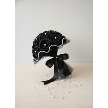 Terapix Siyah Incili Gelin Buketi, Yapay Kumaş Çiçek, Saten Kurdeleli, Inci Detaylı, Yuvarlak, Düğün Için