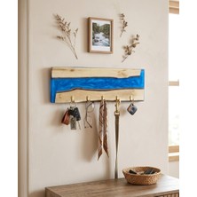 Af Epoxyart 38 cm - Epoksi Reçine Ahşap Anahtarlık - Mavi Nehir Tasarımlı Duvar Askısı -Doğal Ceviz Ağacı