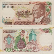Banknoting 7. Emisyon 5000 Lira E25 Büyük Mevlana. Lekeli Çilaltı(-)