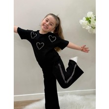 Yiğit Butik Kız Çocuk Taşlı Kalp Desenli Alt Üst Takım
