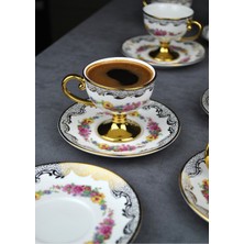 Qualitev 6 Kişilik Porselen Pembe Çiçekli Vintage Gold Ayaklı Kahve Fincan Takımı 90 ml
