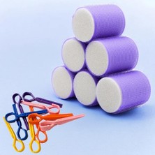 Croc 1203 Mor Cırtlı Sünger Bigudi 6lı Çap 5cm +10LU Plastik Saç Pensi