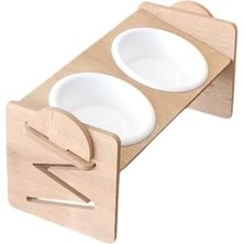Tineke Ayarlanabilir Ahşap 2 Plastik Taslı Kedi ve Köpek Mama ve Su Kabı Beyaz