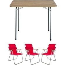 60X80 Çam Katlanır Masa + 3 Adet Katlanır Sandalye Kamp Seti Bahçe Balkon Takımı Kırmızı