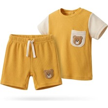 Mutlu Bebe Erkek Bebek Waffle Kumaş Yazlık Şortlu Takım Ayıcık Nakışlı Pamuklu 2’li Takım Rahat Kesim