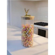 (9X20 Cm) 1 Adet Geyikli Cam Saklama Kavanozu Geyik Başı Altın Renk Hava Geçirmez Y-441,ŞEFFAF