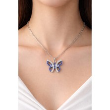 Klc Takı Rodyum Kaplama Mavi  Beyaz Taşlı Kelebek Kolye