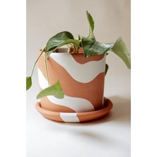 Terracotta Silindir Saksı+Tabak • Bohem Beyaz (Küçük)