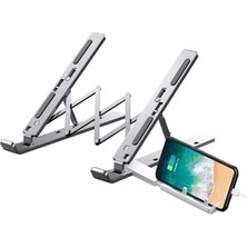 Katlanabilir Alüminyum Laptop Standı – 13 Kademeli Yükseklik Ayarlı, Telefon Tutuculu, Taşınabilir, Ergonomik, Isı Dağıtıcı, Kaymaz Silikon Destekli Notebook Sehpası