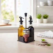 Deconox Dörtlü Baharatlık ve Yağlık Sirkelik Seti | Stantlı Tuzluk, Karabiberlik, Zeytinyağlık ve Sirkelik Takımı | Masaüstü Mutfak Seti 2 Adet 200 ml Yağlık, 2 Adet 100 ml Tuzluk Karabiberlik