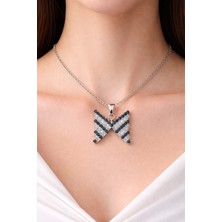 Klc Takı Rodyum Kaplama Siyah Beyaz Taşlı Kelebek Kolye