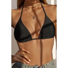 Angelsin Siyah Boyundan Bağlamalı Üçgen Bikini Üstü 80% Polyamid %20 Likra Kadınlar İçin Şık Tasarım
