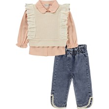 Lüks Kumru Tekstil Fırfır Süeterli 3 Lü Kot 6-18 Ay Takım - Pudra