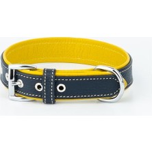 Hakiki Flotter Deri Köpek Tasması, Çift Katlı Deri, Ultra Dayanıklı Tasma (Lacivert-Sarı, S)