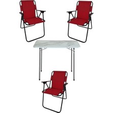 60X80 Çam Desenli Katlanır Masa + 3 Adet Katlanır Sandalye Kamp Seti Bahçe Takımı Kırmızı