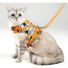 Kaçış Önleyici Kedi Gezdirme Tasması ve Küçük Irk Köpek Gezdirme Tasması (M, Turuncu Kedi Desenli)