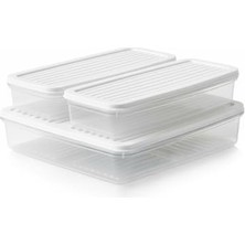 Deconox 3’lü Slim Buzdolabı ve Derin Dondurucu Saklama Kabı Seti, 1 Büyük (28CM) ve 2 Küçük (27CM) Ince Uzun Erzak Kutusu, Gri ve Beyaz Kapaklı Mutfak Düzenleyici (Beyaz - 3 Lü Set)