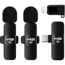 S2 Iphone ve Type-C Uyumlu Kablosuz Ikili Yaka Mikrofonu Youtube Facebook Tiktok Vlog