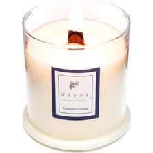 Bey Büyük Üfleme Cam Ahşap Fitilli Yasemin Sandal Vegan Mum (380 Gr)