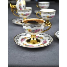 Qualitev 2 Kişilik Porselen Pembe Çiçekli Vintage Gold Ayaklı Kahve Fincan Takımı 90 ml