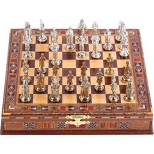 Büyük Boy Metal Osmanlı Bizans Satranç Takımı Parlak ve El Yapımı Masif Ahşap Sandıklı Satranç Tahtası