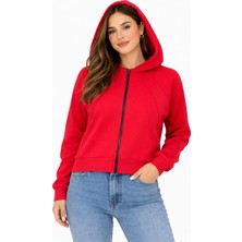 Justas Kadın Kırmızı Fermuarlı Kapüşonlu 3 Iplik Şardonlu Sweatshirt Compact Penye