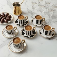 Nisar Store 6 Kişilik Porselen Türk Kahvesi Fincan Takımı – Modern Siyah Beyaz Çizgili ve Altın Yaldız Detaylı 12 Parça Kahve Seti (Hediye Kutulu)