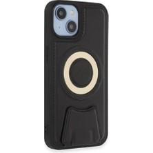 Nisar Store 13 ve 14 Için Magsafe ile Uyumlu Arkası Deri Görünümlü, Yapıya Sahip Kamera Çerçeveli Ultra Güçlendirilmiş Magsafe Özellikli Açılır Stantlı Darbeye Dayanıklı Kılıf (Siyah)