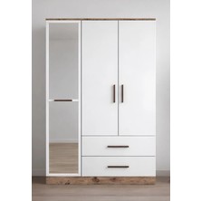 Zita 3 Kapaklı Gardırop - Antık Cam & Mat Beyaz - Çekmeceli Raflı Aynalı