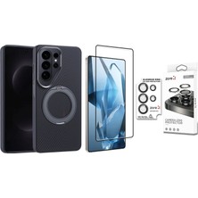 Vendas Galaxy S26 Ultra Kılıf M-safe Şarj Özellikli Karbon Fiber Görünümlü Zore Standlı Troy Kapak + Safir Kamera Lens + Temperli Ekran Koruyucu